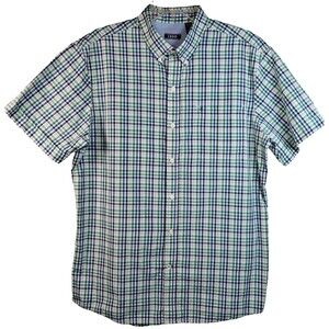 Izod Men's Size Large Short Sleeve Button Down Shirt Navy, Green & White Plaid